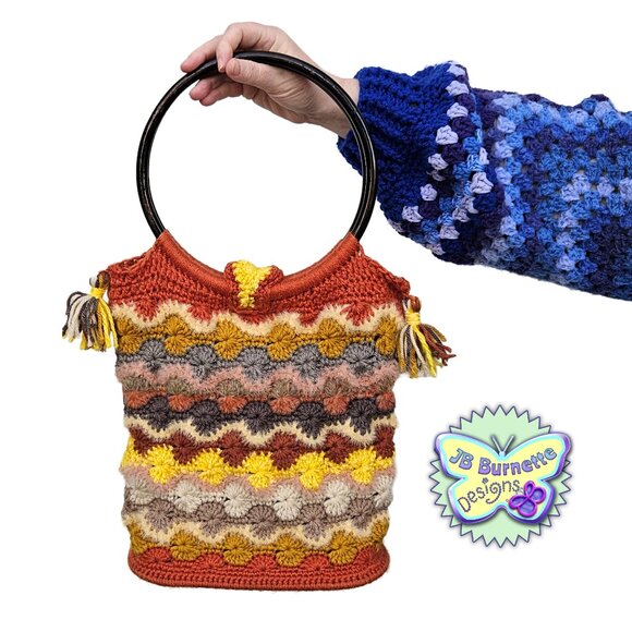 Handmade Crochet Starburst Bag, Wood Handle Purse, Solid Bottom Handbag Tote - Picture 5 of 9